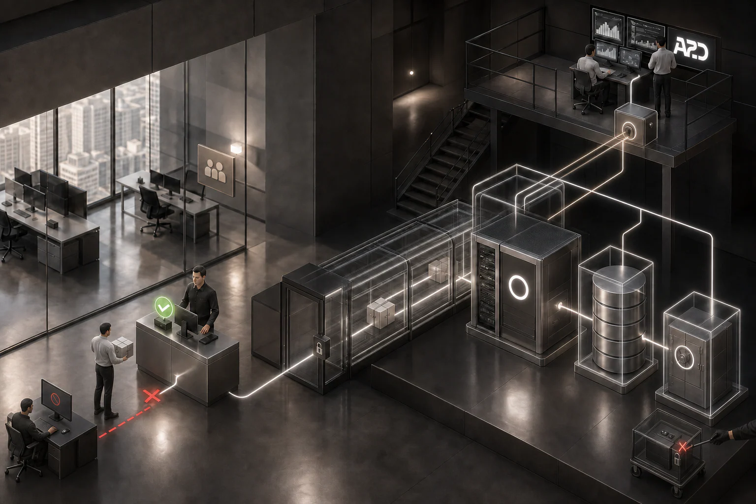 Operational view of protected data in transit and at rest, with unauthorized access blocked