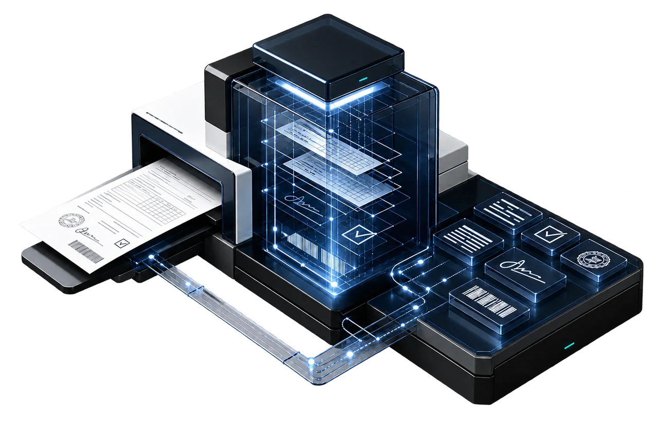 A document-intelligence instrument separating a complete page into traceable structured data
